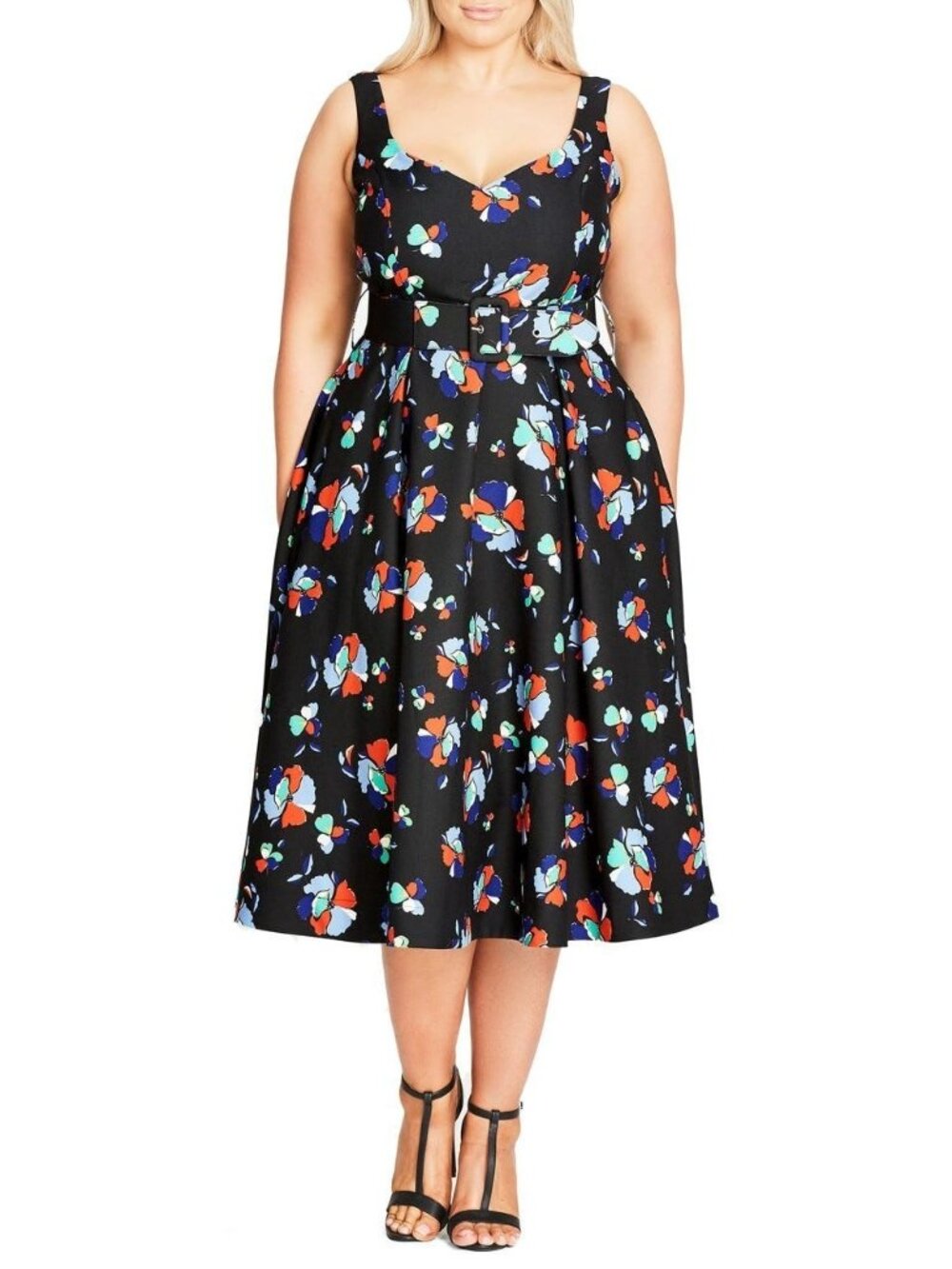 City Chic Floral V-Neck Dress Womens Sz L/20 Sleeveless Belted A-Line Black - Picture 2 of 13